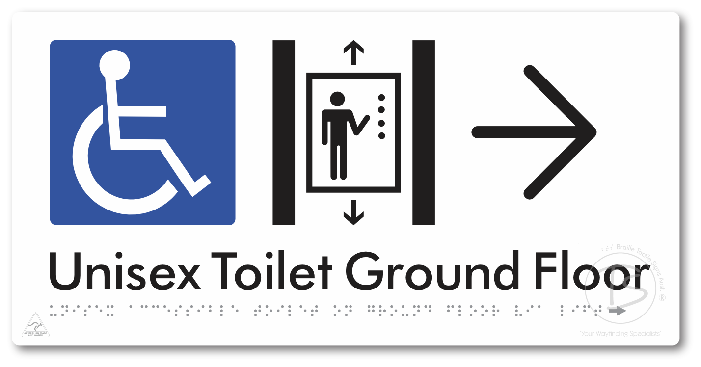 Unisex Accessible Toilet on Ground Floor Via Lift with Large Directional Arrow