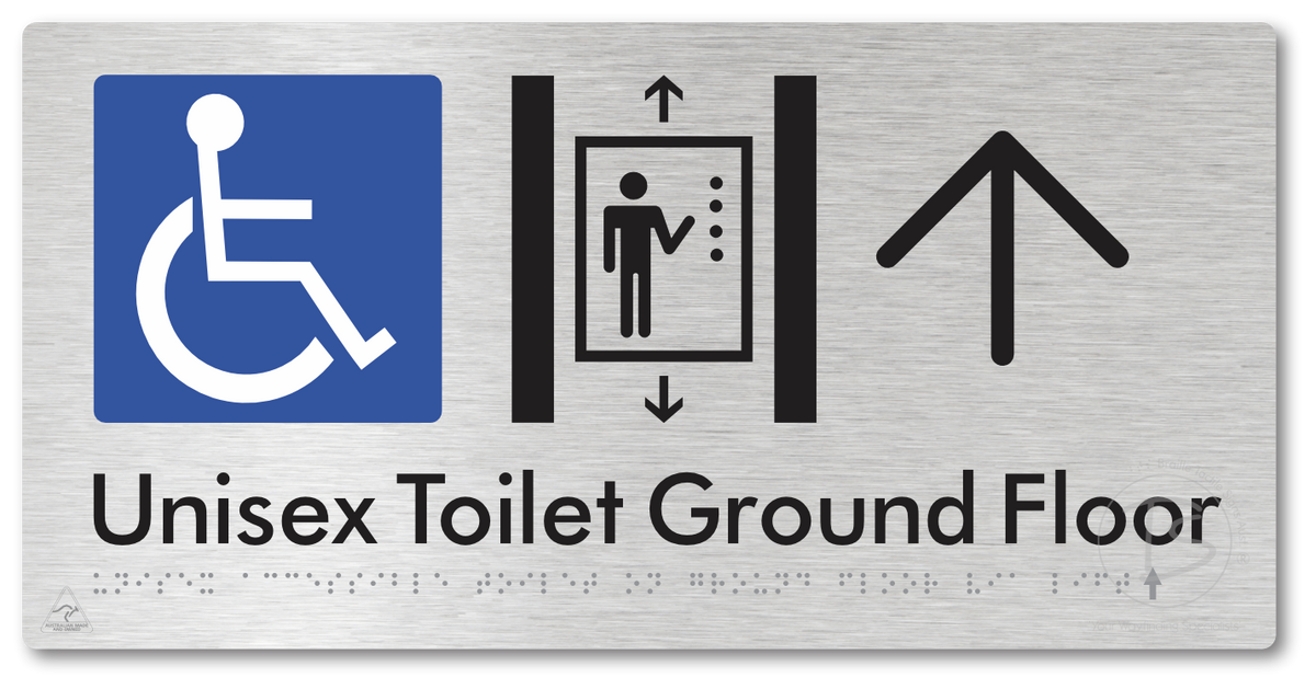 Unisex Accessible Toilet on Ground Floor Via Lift with Large Directional Arrow