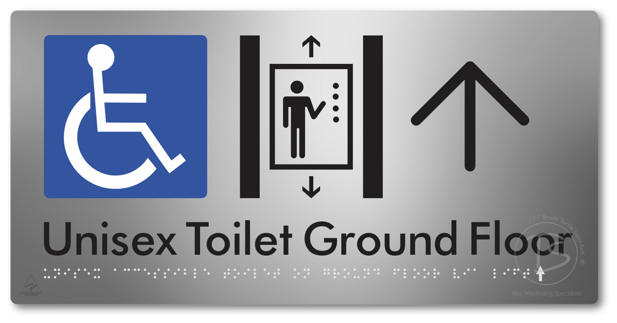 Unisex Accessible Toilet on Ground Floor Via Lift with Large Directional Arrow