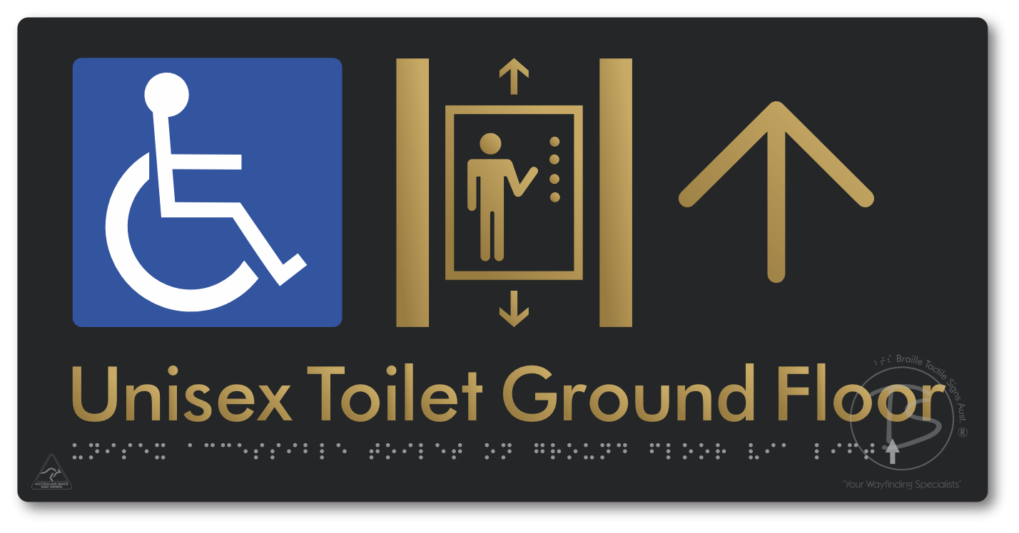 Unisex Accessible Toilet on Ground Floor Via Lift with Large Directional Arrow