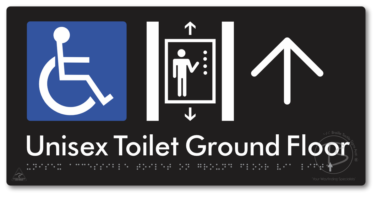 Unisex Accessible Toilet on Ground Floor Via Lift with Large Directional Arrow