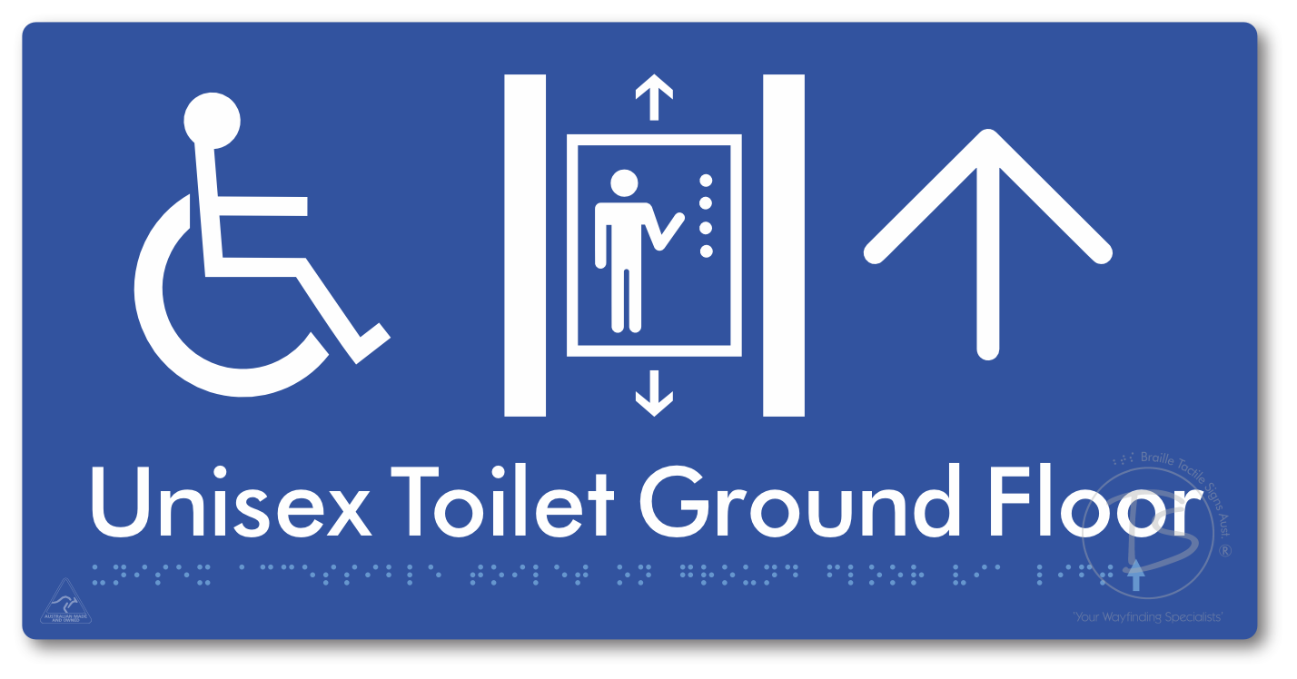 Unisex Accessible Toilet on Ground Floor Via Lift with Large Directional Arrow