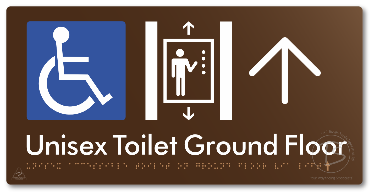 Unisex Accessible Toilet on Ground Floor Via Lift with Large Directional Arrow
