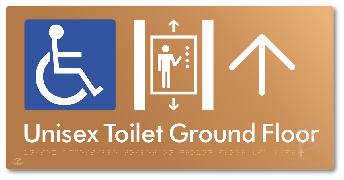 Unisex Accessible Toilet on Ground Floor Via Lift with Large Directional Arrow