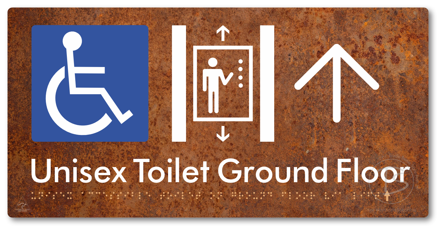 Unisex Accessible Toilet on Ground Floor Via Lift with Large Directional Arrow