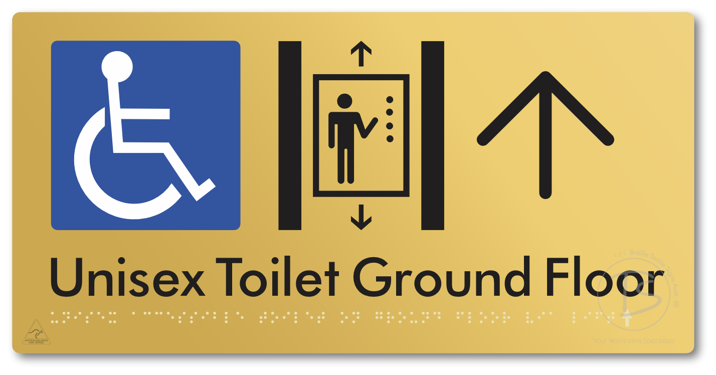 Unisex Accessible Toilet on Ground Floor Via Lift with Large Directional Arrow