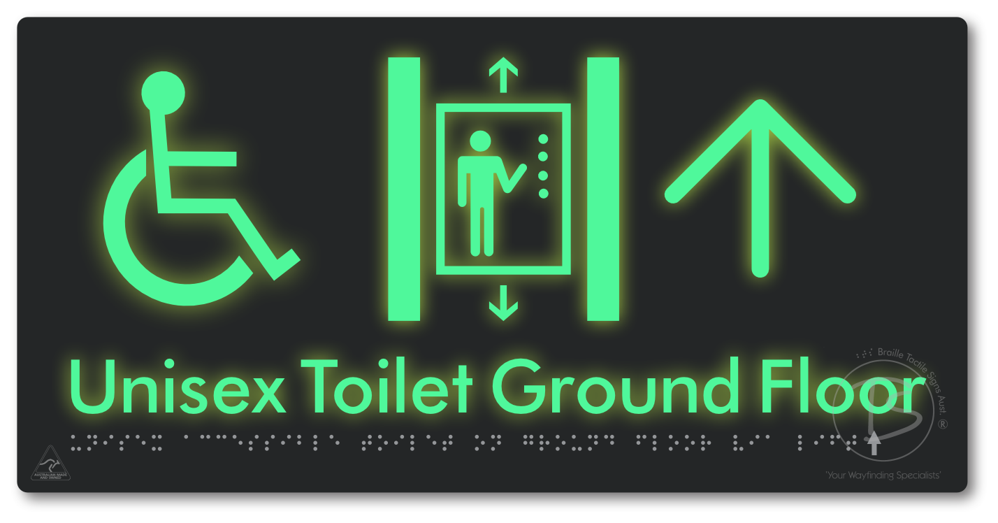 Unisex Accessible Toilet on Ground Floor Via Lift with Large Directional Arrow