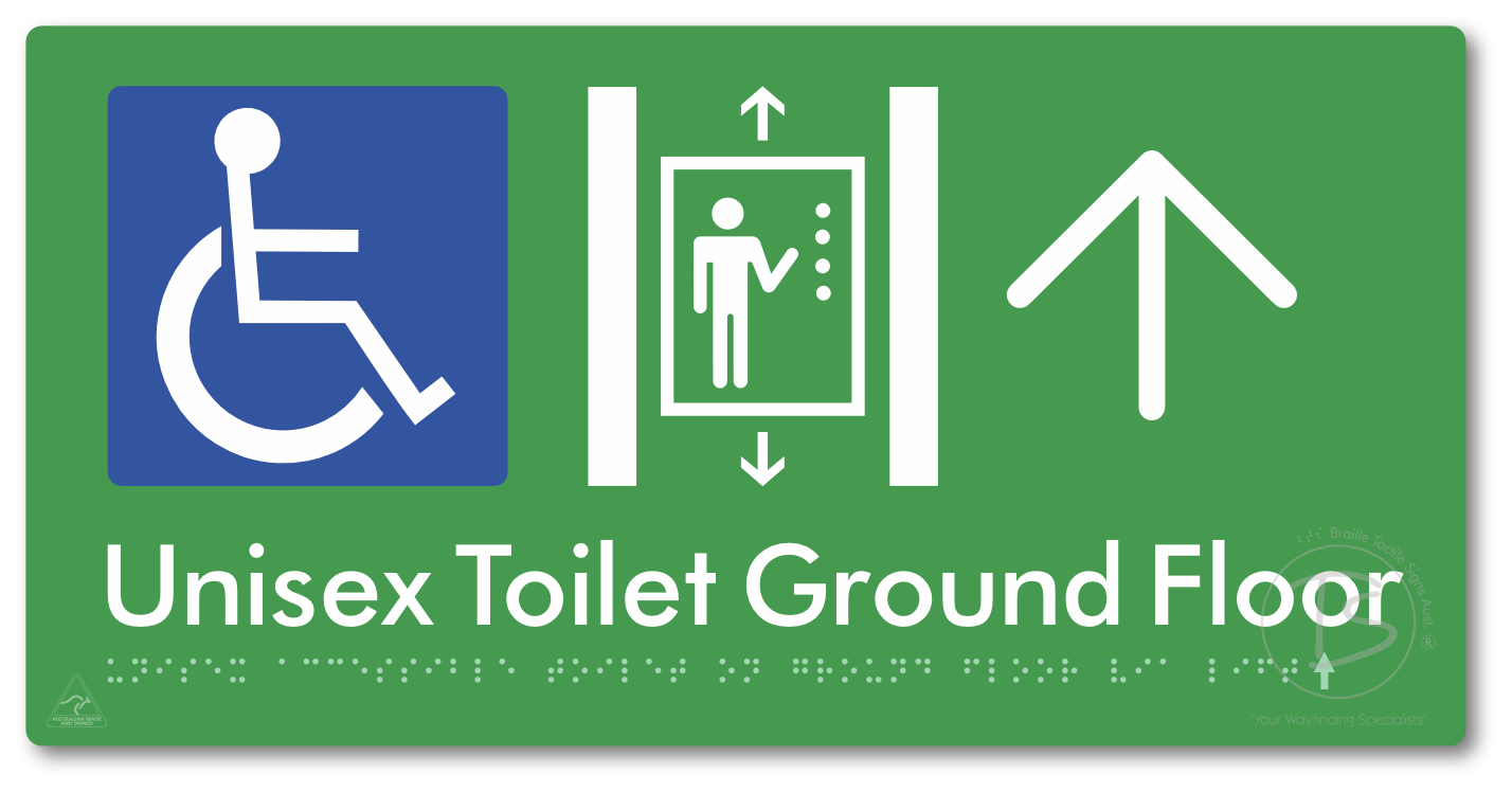 Unisex Accessible Toilet on Ground Floor Via Lift with Large Directional Arrow