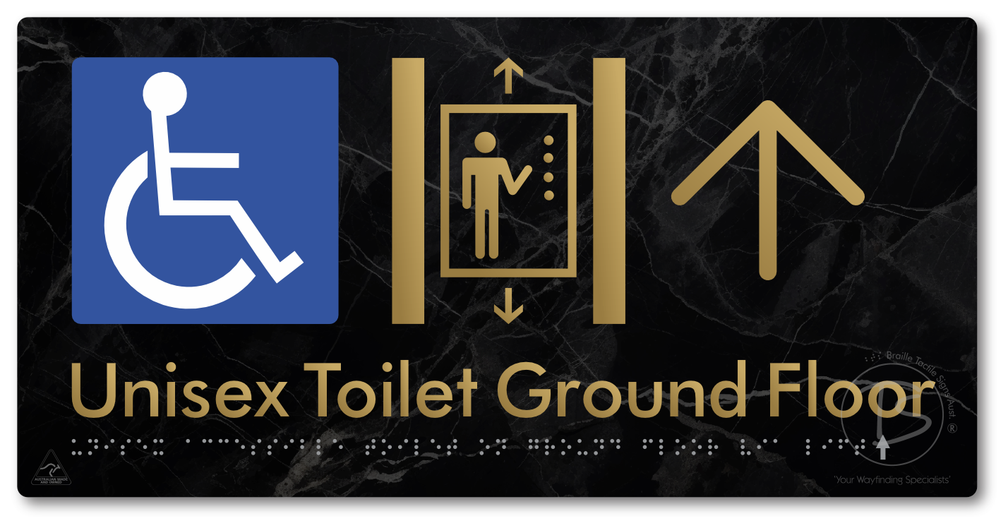 Unisex Accessible Toilet on Ground Floor Via Lift with Large Directional Arrow