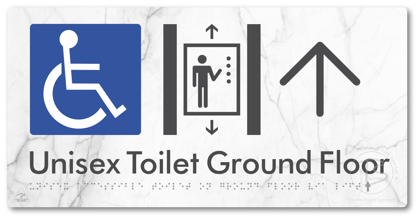 Unisex Accessible Toilet on Ground Floor Via Lift with Large Directional Arrow