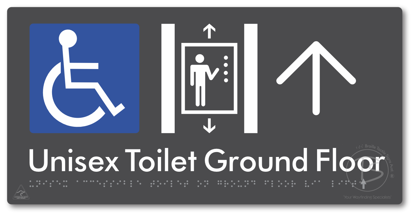 Unisex Accessible Toilet on Ground Floor Via Lift with Large Directional Arrow