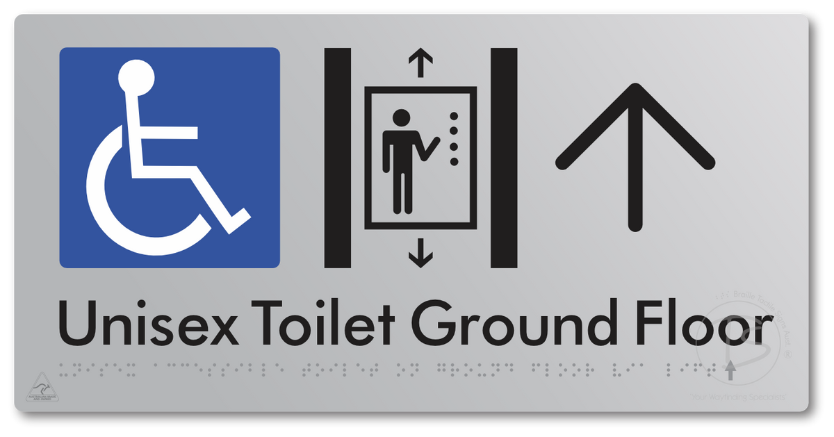 Unisex Accessible Toilet on Ground Floor Via Lift with Large Directional Arrow