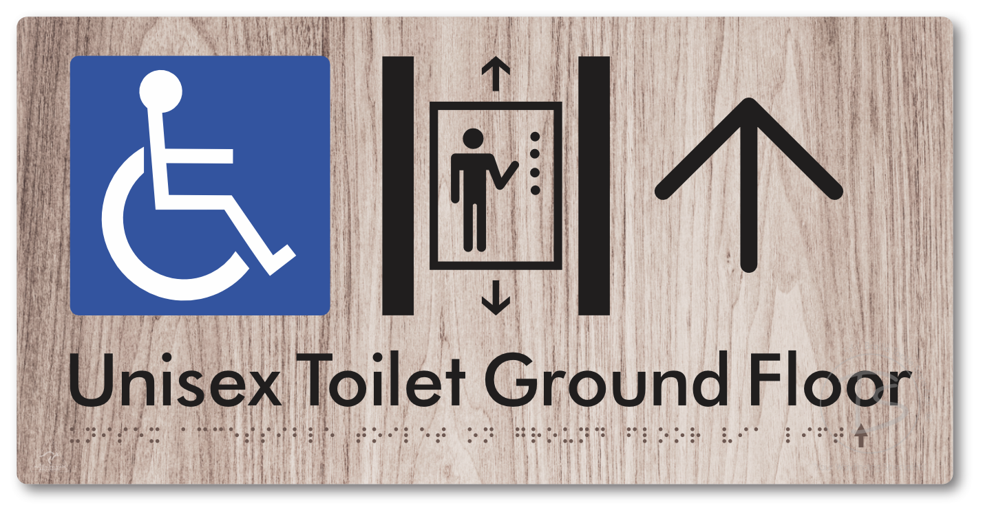 Unisex Accessible Toilet on Ground Floor Via Lift with Large Directional Arrow