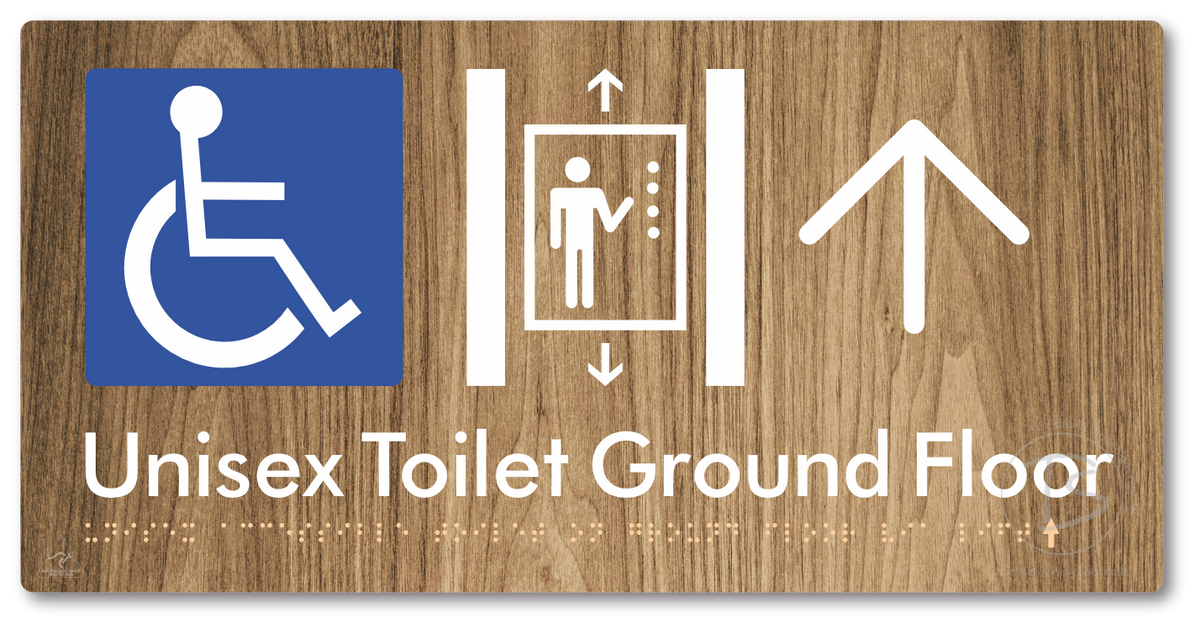 Unisex Accessible Toilet on Ground Floor Via Lift with Large Directional Arrow