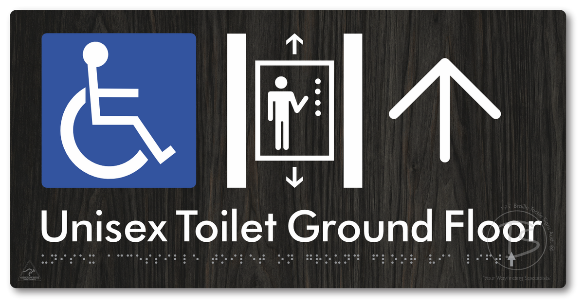 Unisex Accessible Toilet on Ground Floor Via Lift with Large Directional Arrow