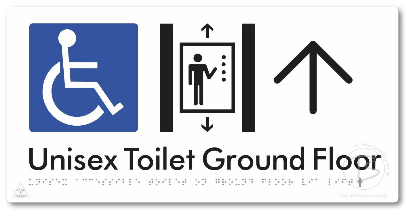 Unisex Accessible Toilet on Ground Floor Via Lift with Large Directional Arrow