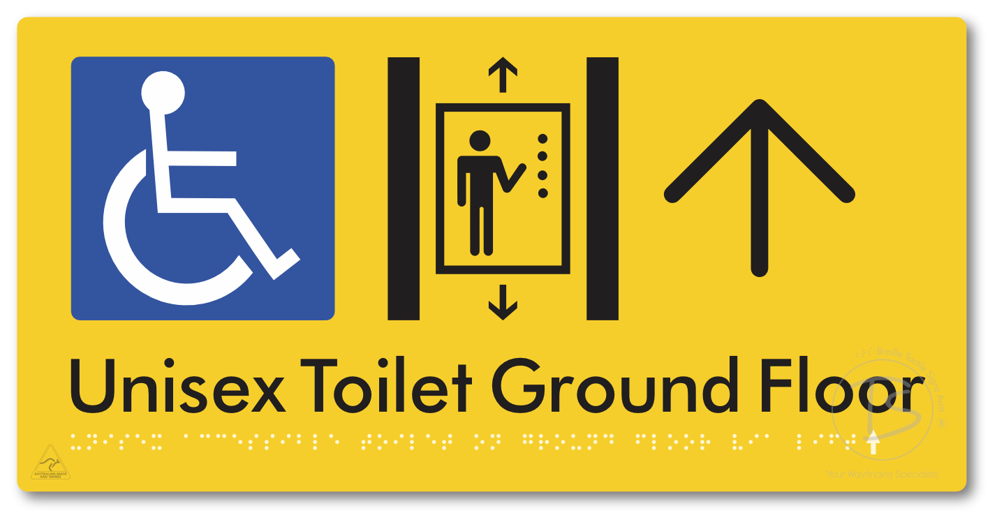 Unisex Accessible Toilet on Ground Floor Via Lift with Large Directional Arrow