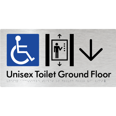 Unisex Accessible Toilet on Ground Floor Via Lift with Large Directional Arrow - Braille Tactile Signs Aust.