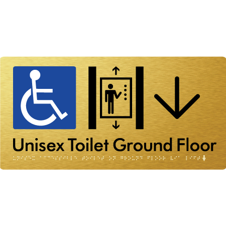 Unisex Accessible Toilet on Ground Floor Via Lift with Large Directional Arrow - Braille Tactile Signs Aust.