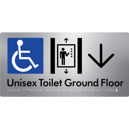 Unisex Accessible Toilet on Ground Floor Via Lift with Large Directional Arrow - Braille Tactile Signs Aust.