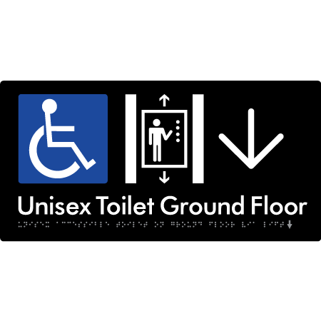 Unisex Accessible Toilet on Ground Floor Via Lift with Large Directional Arrow - Braille Tactile Signs Aust.