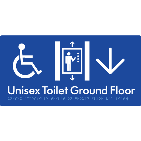 Unisex Accessible Toilet on Ground Floor Via Lift with Large Directional Arrow - Braille Tactile Signs Aust.