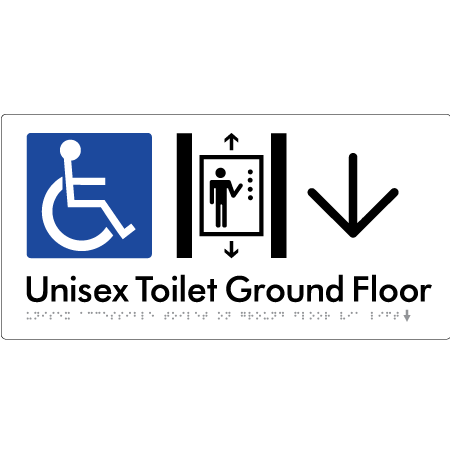 Unisex Accessible Toilet on Ground Floor Via Lift with Large Directional Arrow - Braille Tactile Signs Aust.