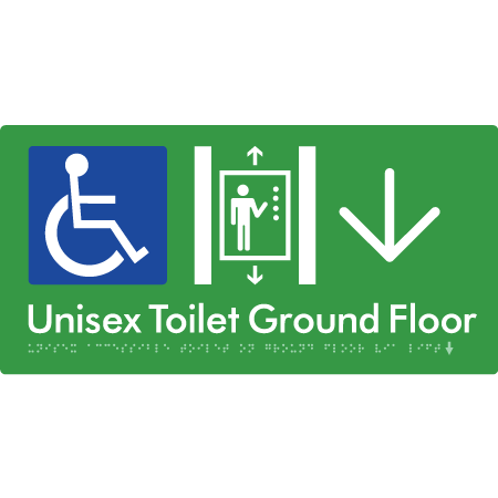 Unisex Accessible Toilet on Ground Floor Via Lift with Large Directional Arrow - Braille Tactile Signs Aust.