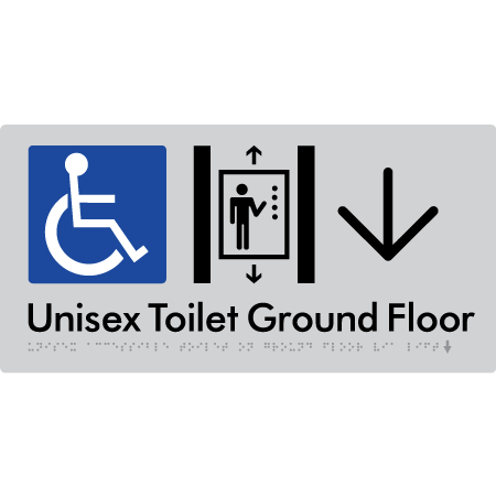 Unisex Accessible Toilet on Ground Floor Via Lift with Large Directional Arrow - Braille Tactile Signs Aust.