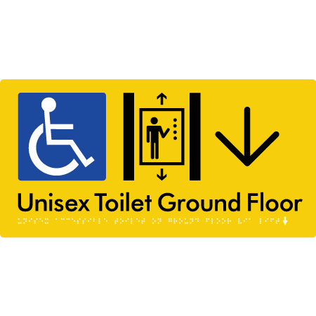 Unisex Accessible Toilet on Level 1 Via Lift w/ Large Arrow - Braille Tactile Signs Aust.