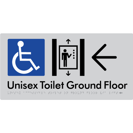 Unisex Accessible Toilet on Ground Floor Via Lift with Large Directional Arrow - Braille Tactile Signs Aust.