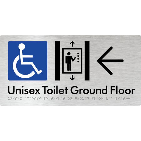 Unisex Accessible Toilet on Ground Floor Via Lift with Large Directional Arrow - Braille Tactile Signs Aust.