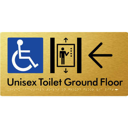 Unisex Accessible Toilet on Ground Floor Via Lift with Large Directional Arrow - Braille Tactile Signs Aust.