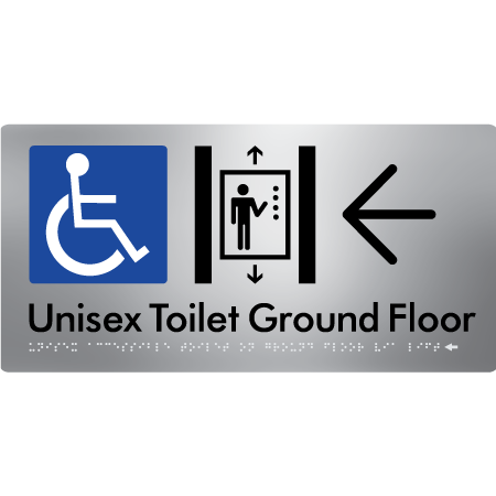 Unisex Accessible Toilet on Ground Floor Via Lift with Large Directional Arrow - Braille Tactile Signs Aust.