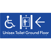 Unisex Accessible Toilet on Ground Floor Via Lift with Large Directional Arrow - Braille Tactile Signs Aust.