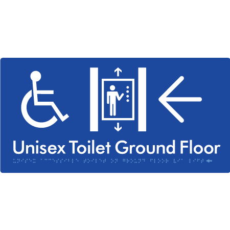 Unisex Accessible Toilet on Ground Floor Via Lift with Large Directional Arrow - Braille Tactile Signs Aust.