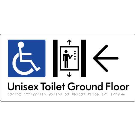 Unisex Accessible Toilet on Ground Floor Via Lift with Large Directional Arrow - Braille Tactile Signs Aust.