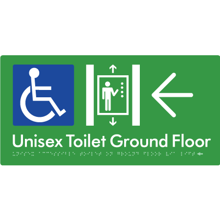 Unisex Accessible Toilet on Ground Floor Via Lift with Large Directional Arrow - Braille Tactile Signs Aust.