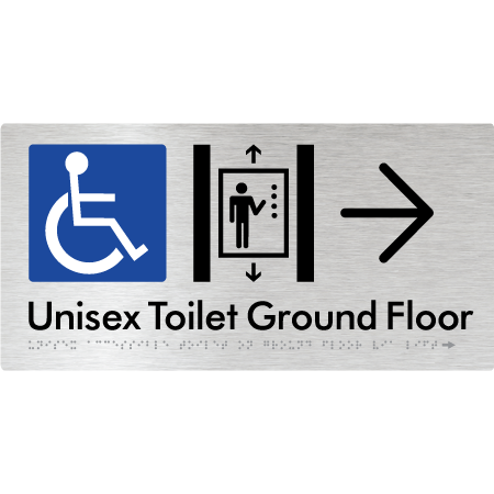 Unisex Accessible Toilet on Ground Floor Via Lift with Large Directional Arrow - Braille Tactile Signs Aust.