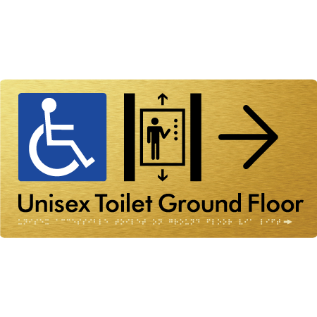 Unisex Accessible Toilet on Ground Floor Via Lift with Large Directional Arrow - Braille Tactile Signs Aust.