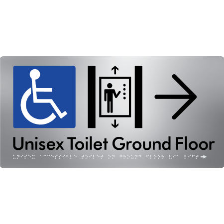 Unisex Accessible Toilet on Ground Floor Via Lift with Large Directional Arrow - Braille Tactile Signs Aust.