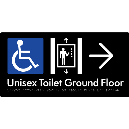 Unisex Accessible Toilet on Ground Floor Via Lift with Large Directional Arrow - Braille Tactile Signs Aust.