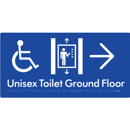 Unisex Accessible Toilet on Ground Floor Via Lift with Large Directional Arrow - Braille Tactile Signs Aust.
