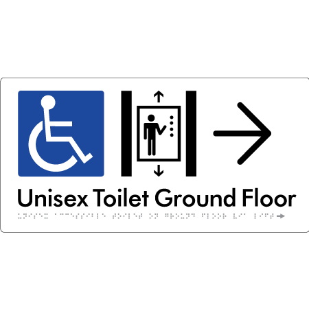Unisex Accessible Toilet on Ground Floor Via Lift with Large Directional Arrow - Braille Tactile Signs Aust.