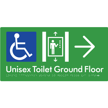 Unisex Accessible Toilet on Ground Floor Via Lift with Large Directional Arrow - Braille Tactile Signs Aust.