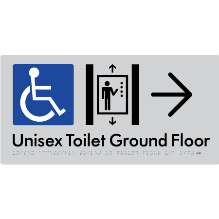 Unisex Accessible Toilet on Ground Floor Via Lift with Large Directional Arrow - Braille Tactile Signs Aust.