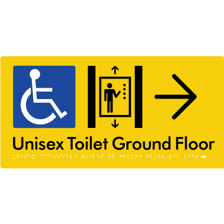 Unisex Accessible Toilet on Ground Floor Via Lift with Large Directional Arrow - Braille Tactile Signs Aust.