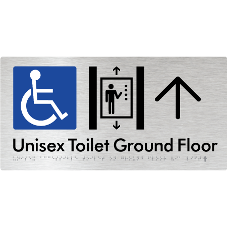 Unisex Accessible Toilet on Ground Floor Via Lift with Large Directional Arrow - Braille Tactile Signs Aust.