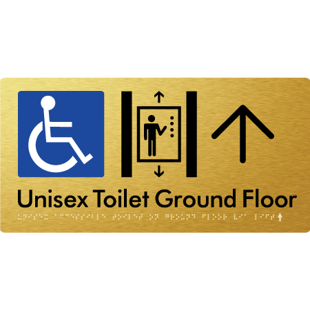 Unisex Accessible Toilet on Ground Floor Via Lift with Large Directional Arrow - Braille Tactile Signs Aust.
