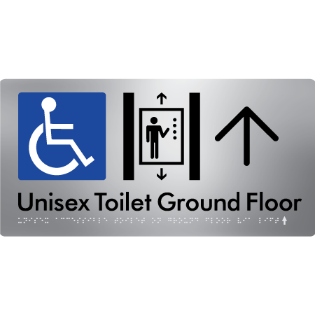 Unisex Accessible Toilet on Ground Floor Via Lift with Large Directional Arrow - Braille Tactile Signs Aust.